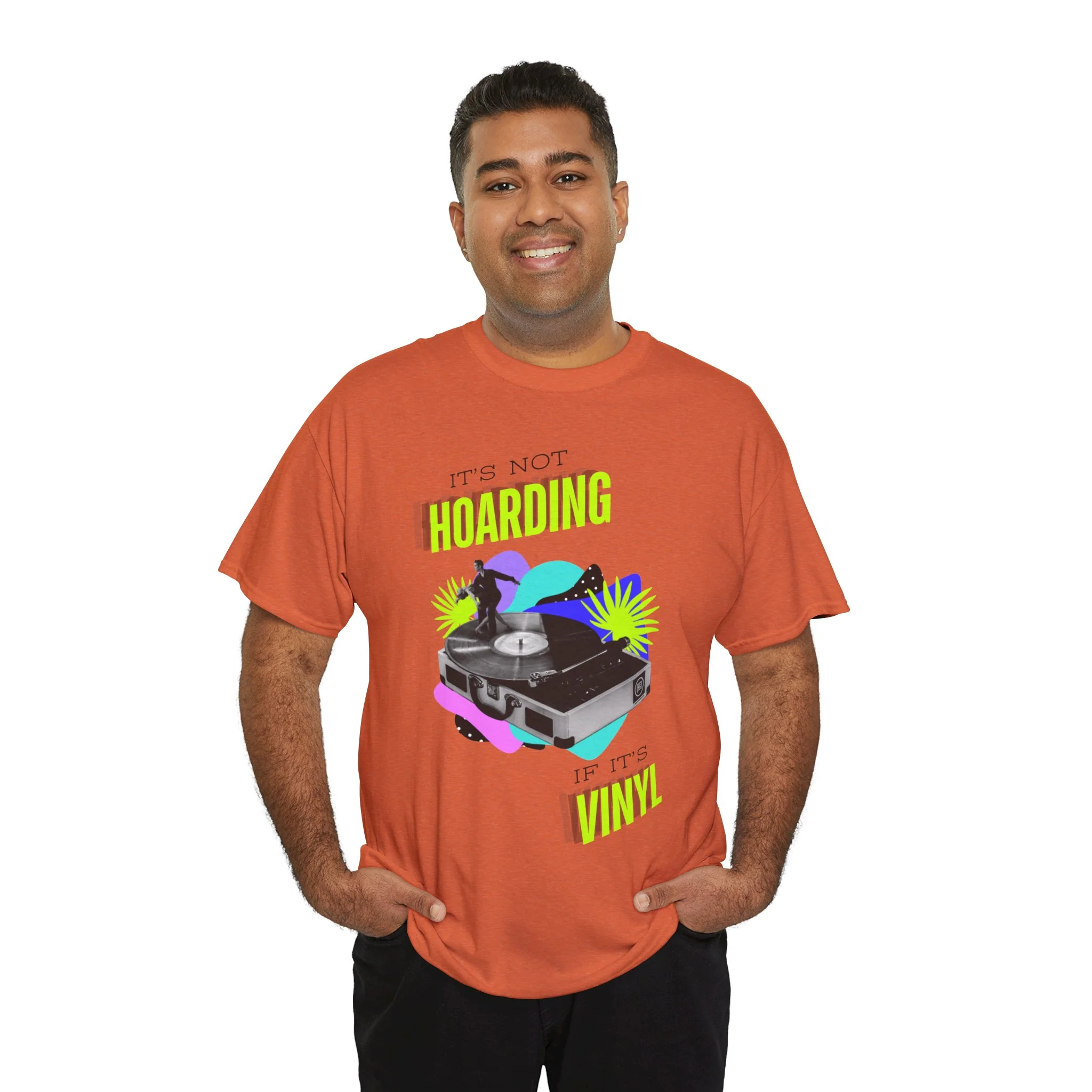 'It's Not Hoarding If It's Vinyl' Flouro Men's T-Shirt - Image 28