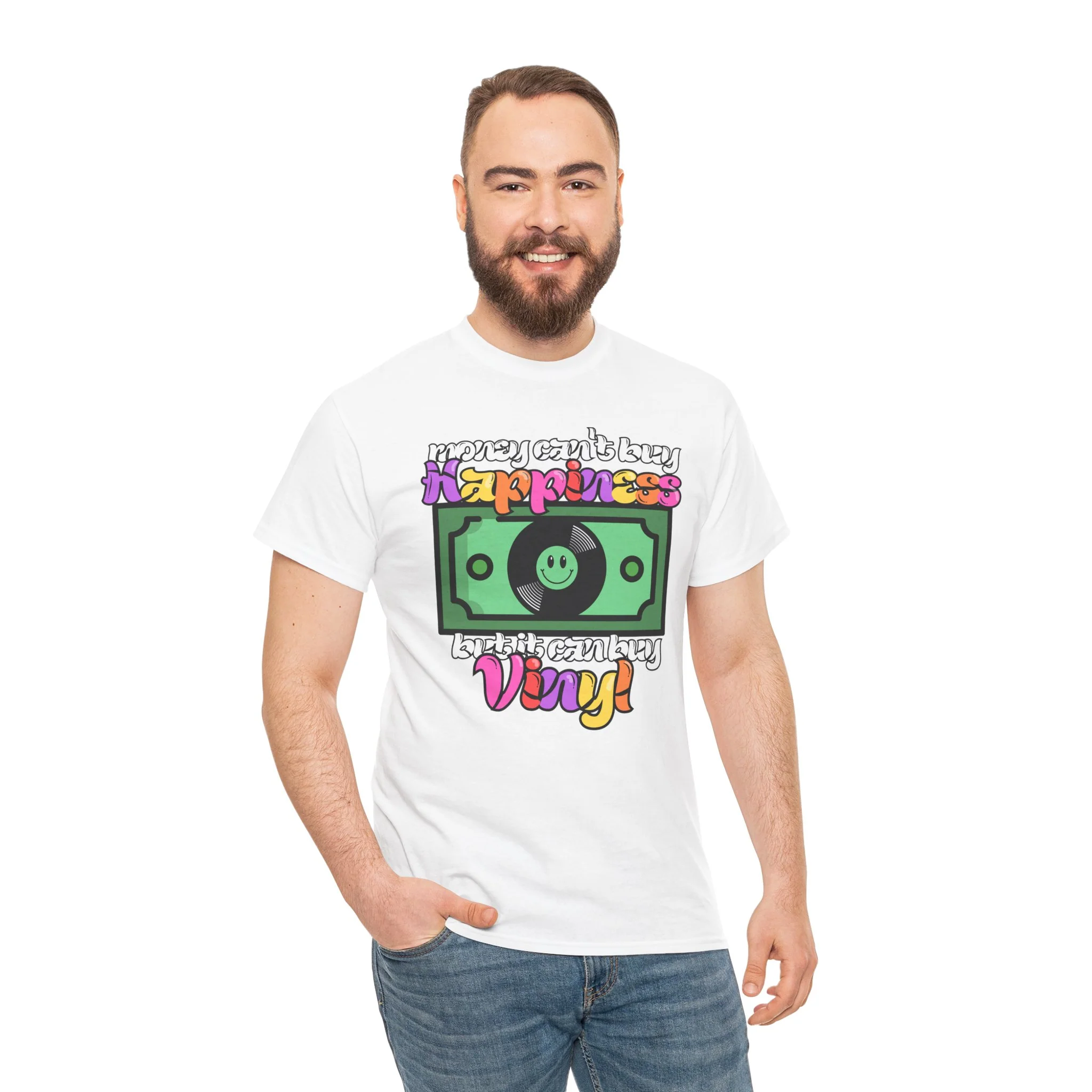 'Money can't buy happiness' Men's Vinyl T-Shirt - Image 15