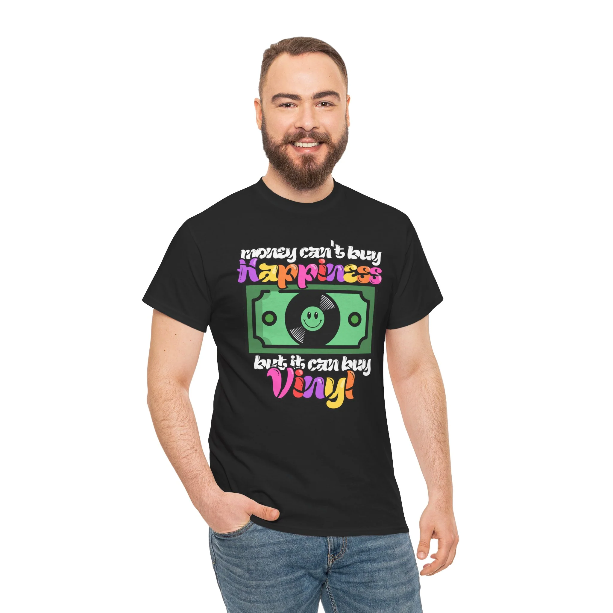 'Money can't buy happiness' Men's Vinyl T-Shirt - Image 6