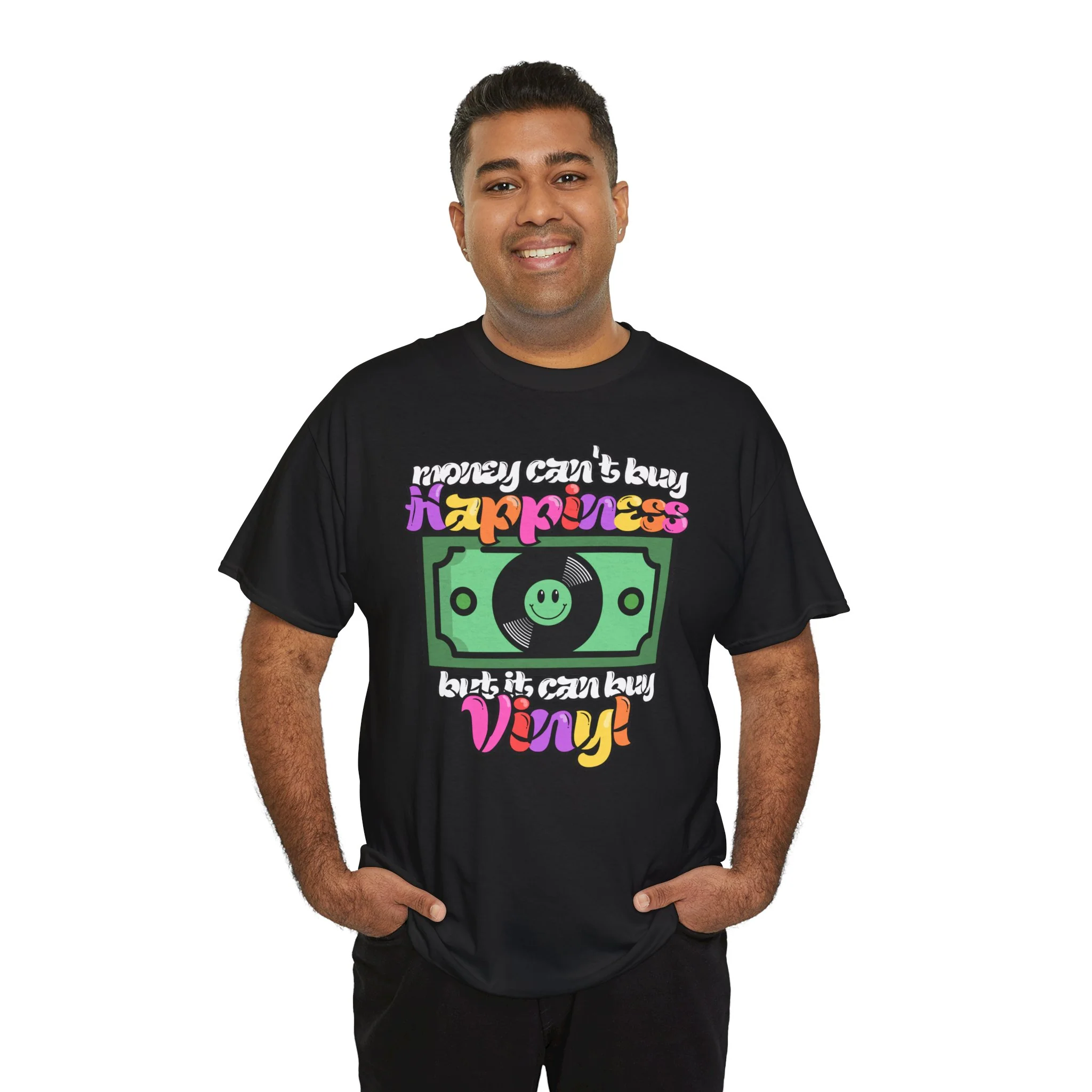 'Money can't buy happiness' Men's Vinyl T-Shirt - Image 7